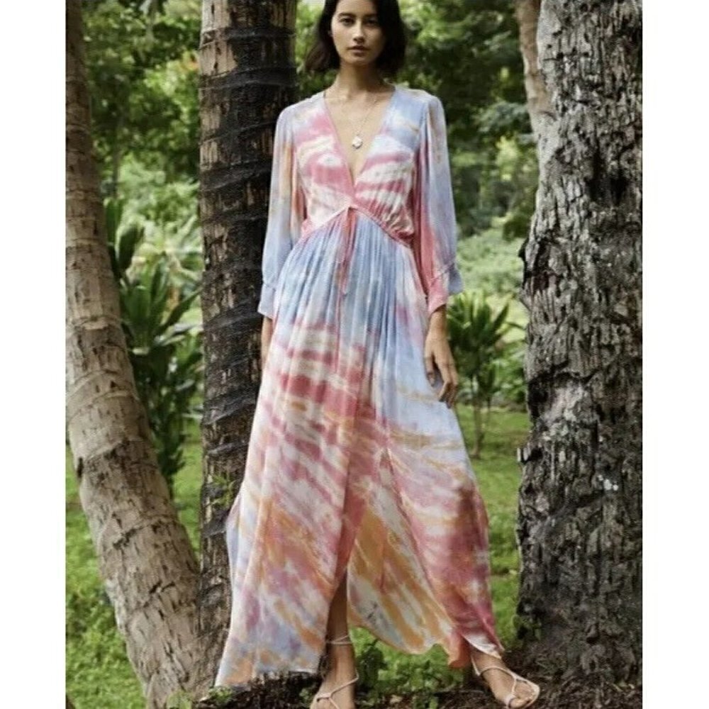 Young Fabulous & Broke Meadow Orange Pink Tie Dye Chiffon Maxi Dress Size XS NWT